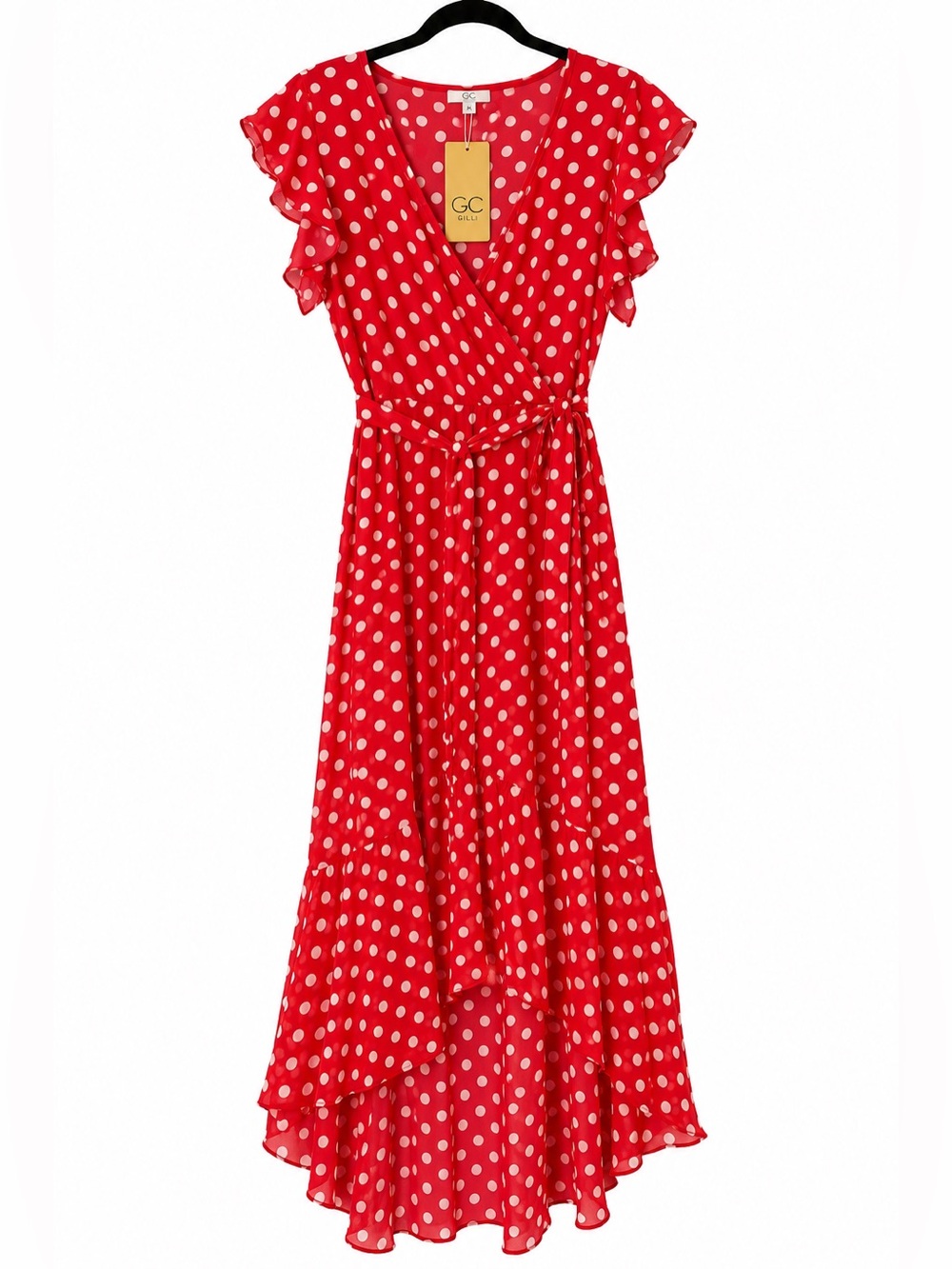 Red Polka Dot Asymmetrical Wrap Dress